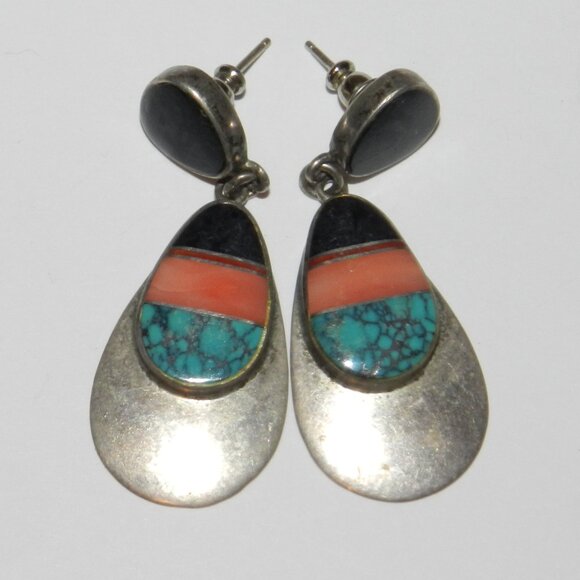 Navajo John Charley Silver 925 - Turquoise Lapis Inlay Earrings 13.3g - Picture 1 of 11